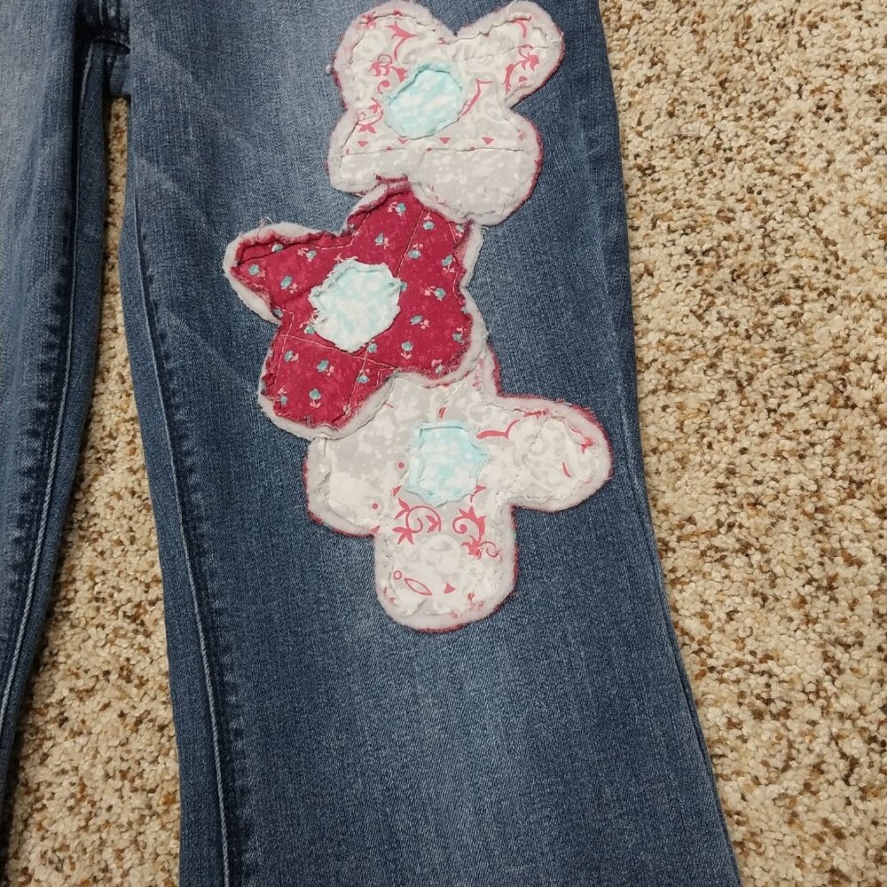 3330 Size 12 American Eagle High-rise Appliqued Quilted Bleach Dyed Jeans - Picture 2 of 7